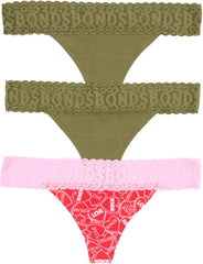 Bonds Women's Underwear Thong Pack, Lace-top Icons Panties for Women, Stretchy Cotton-blend, Low-rise Underwear, 3-pack
